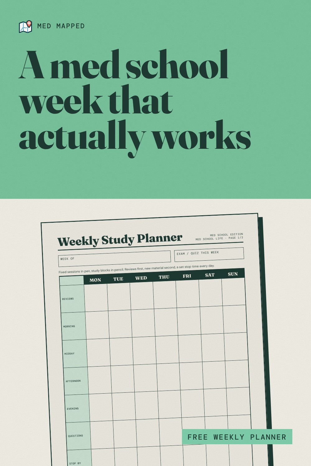 Weekly med school study schedule printable planner